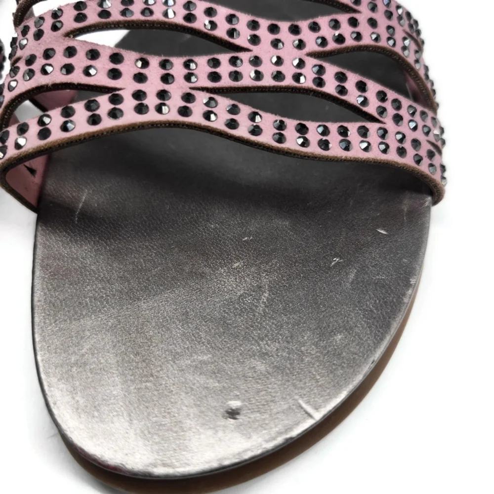 Vince Camuto Empiana Light Pink Woven Strap Black Crystals Flat Slide-On Sandals